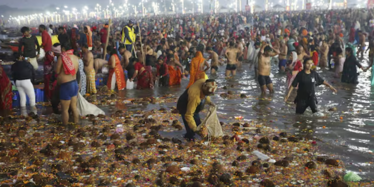 The National Green Tribunal has raised concerns over high faecal coliform bacteria levels in river water in Prayagraj as millions take a dip during the Maha Kumbh's Sangam. (Image: PTI)
