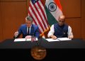 Defence Minister Rajnath Singh and U.S. Secretary of War Pete Hegseth signing a new 10-year defence framework agreement in Malaysia. | Photo Credit: The Hindu